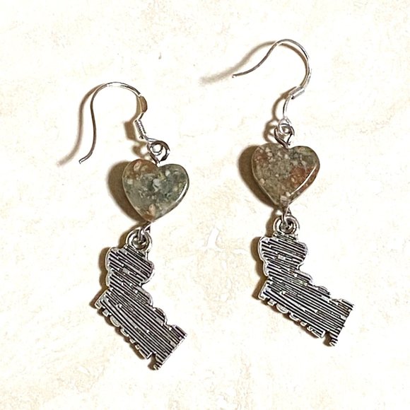 2/$20, Natural Unakite Stone Heart + Dog Person Dangle Earrings - Picture 2 of 9
